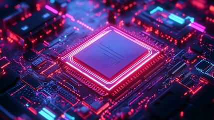 Futuristic glowing computer processor chip with neon lights Keywords: computer, processor, photo