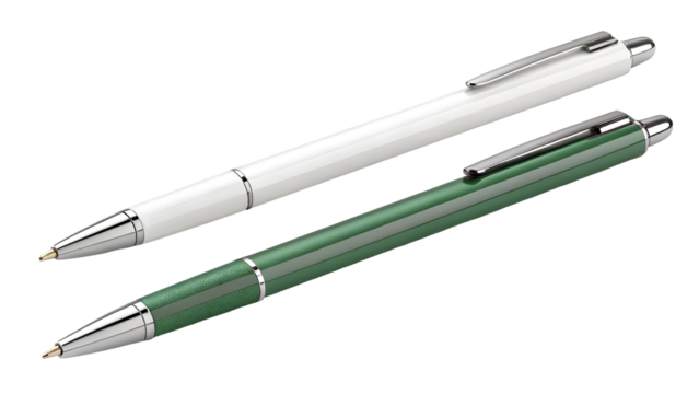 White green ballpoint pens with silver accents isolated on a transparent background writing