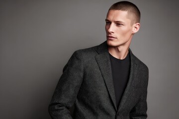 Stylish young man in a modern tailored jacket posing confidently against a grey backdrop, showcasing contemporary fashion and sleek design elements for editorial use