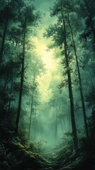 Misty Morning Enchanted Forest: Magical Green Trees, Mystical Landscape Photography