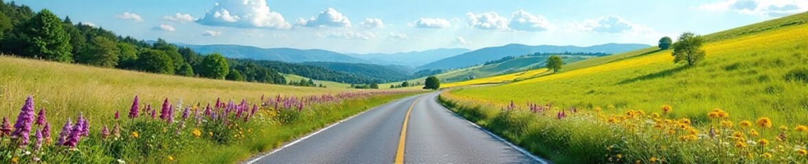 Obraz premium Vibrant Wildflowers Bloom Along Serene Country Road, Rolling Green Hills Under a Clear Blue Sky ? Perfect for Travel, Nature, and Landscape Projects