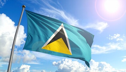 Saint Lucia flag waving in sunlight against blue sky with scattered clouds, symbolizing national pride and island identity.