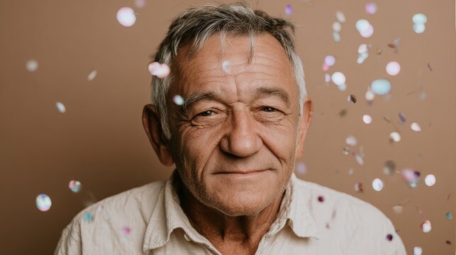 Joyful senior man with silver hair smiling against pastel background surrounded by colorful confetti celebrating life and happiness in a casual setting