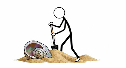 Stick figure digs around large iridescent shell on a sand dune with a shovel animation