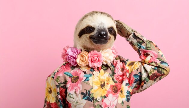 A sloth wearing a floral shirt against a pink background.  A thoughtful expression