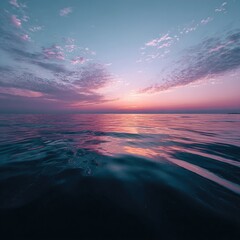 Obraz premium Calm ocean waters ripple under a vibrant sunset, where pink clouds meet the horizon in a serene, breathtaking vista of color and tranquility
