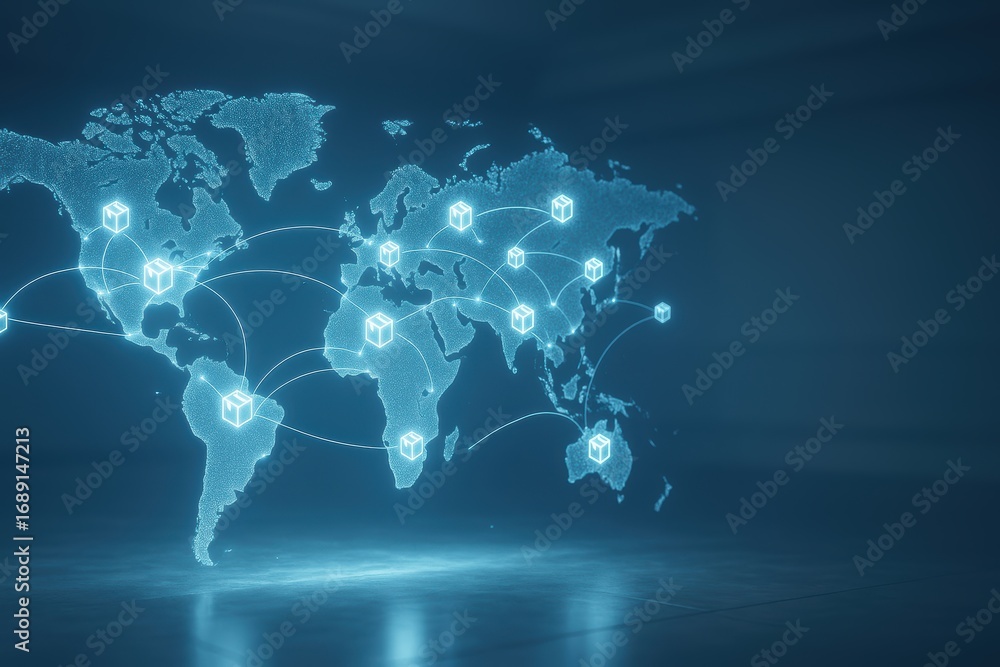 Poster global connection: an illuminated world map showcasing a network of interconnected points, symbolizi