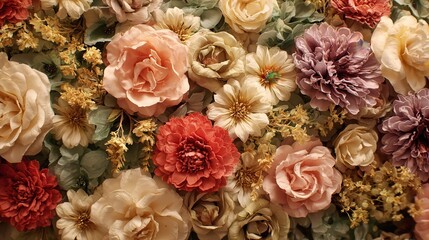 Artificial Flowers Wall for Background in vintage style.