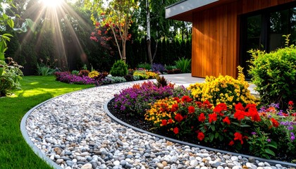 Sun-drenched garden path leading to modern house