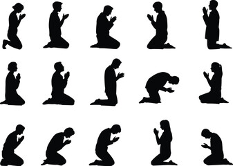 Silhouette of people praying on knees, spiritual meditation, religious devotion, worship vector design, man and woman prayer poses illustration for faith and hope