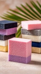 Stacked, colorful, layered cubes of sponge-like material arranged against a neutral background with tropical palm fronds adding a natural element