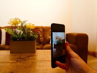 Man holding a phone with picture of a flowers, with flowers on a table in a living room with a...