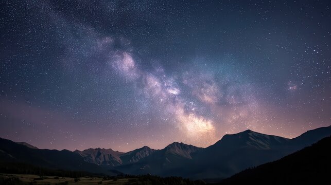 Night sky milky way stars over mountain range wallpaper background image for desktop and mobile phone 4k.