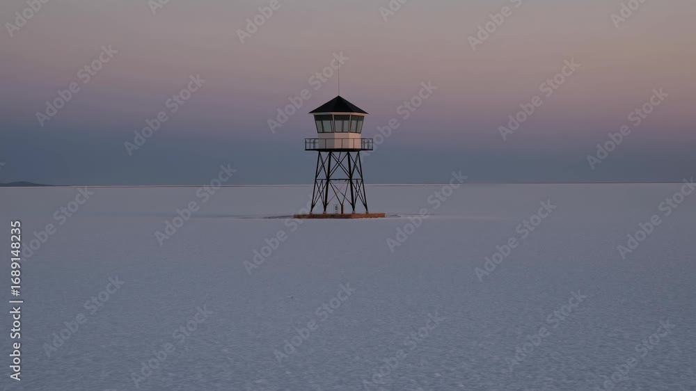Poster Lone Watchtower in a Snowy Landscape at Dawn With a Soft Pink Sky and Minimalist Composition, Creating a Serene Atmosphere