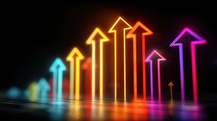 Vibrant, multicolored neon arrows ascend in a dynamic, upward trajectory against a dark background, suggesting growth and progress. The arrows are reflected on a glossy surface.