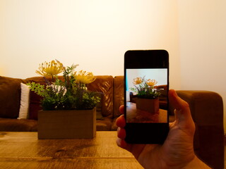 Man holding a phone with picture of a flowers, with flowers on a table in a living room with a...