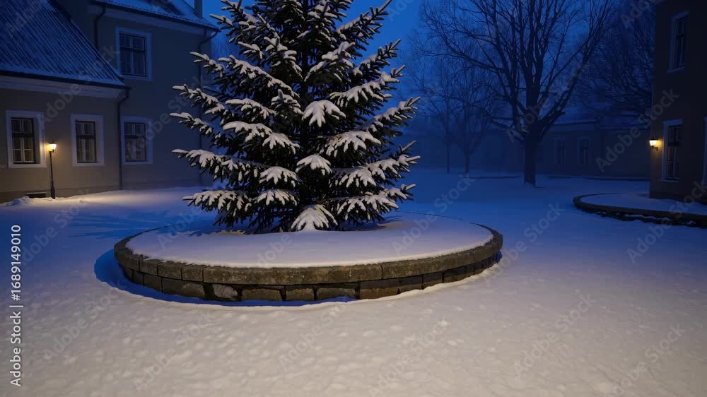 Poster serene winter courtyard with snow covered tree and soft evening light creating a peaceful atmosphere