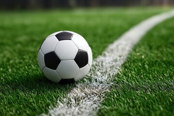 Fototapeta premium A classic black-and-white soccer ball rests on a lush green field, adjacent to a slightly blurred white sideline. Sunlight illuminates the scene