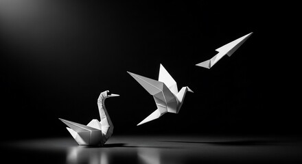 Elegant origami birds taking flight against a dark background, symbolize hope and new beginnings