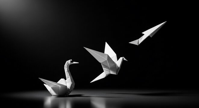 Elegant origami birds taking flight against a dark background, symbolize hope and new beginnings