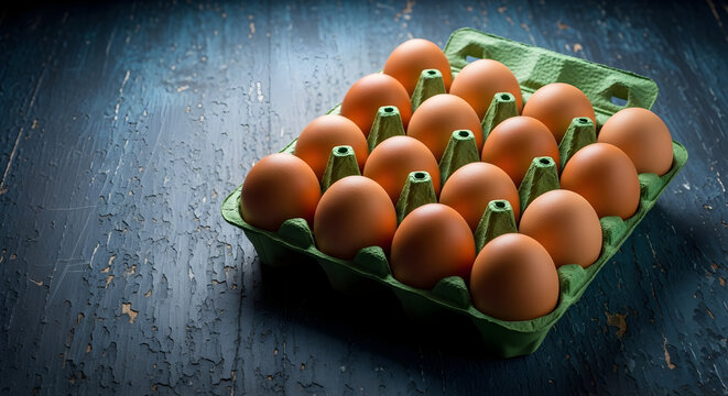 Fresh brown eggs nestled in a green carton, ready for your culinary creations