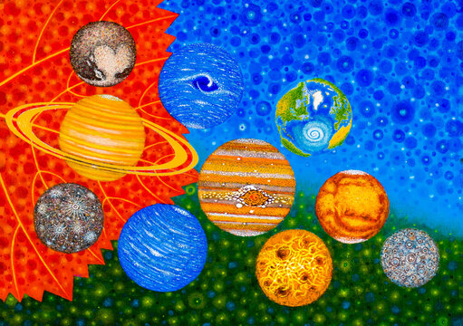 Grapes.
The solar system in the form of a leaf and a bunch of grapes.
The sun is a leaf.
The planets are grapes.
