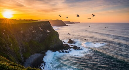 Dramatic Coastal Sunset with Birds Flying Over Cliffs and Ocean Waves.