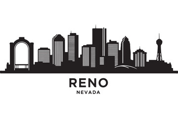 Obraz premium Reno silhouette isolated on white background showcasing the citys skyline, a vibrant urban center in nevada, known for its casinos and entertainment
