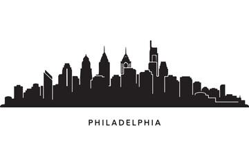 Obraz premium Philadelphia skyline silhouette isolated on white background, showcasing the modern architecture and iconic landmarks of the city in pennsylvania, usa