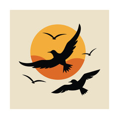 Birds Flying In Front Of Sunset Silhouette black