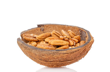 Peeled pecan nuts isolated on white background, close-up.