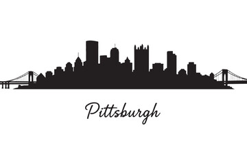 Pittsburgh skyline silhouette isolated on white background, showcasing the citys iconic buildings and bridges against a clear backdrop in a simple design