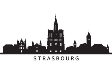 Fototapeta premium Elegant black and white skyline of strasbourg, france isolated on white background, showcasing its historic architecture and cultural heritage