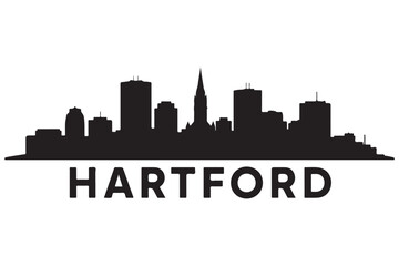 Obraz premium Silhouette of the hartford skyline isolated on white background, featuring the citys architecture and the prominent hartford text below, showcasing urban design