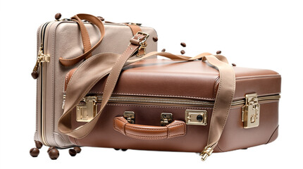 Elegant brown and silver suitcases stacked on a white background with copy space