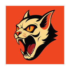 Aggressive Cat Face With Yellow Eyes and Orange Background