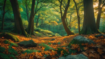 Obraz premium Autumn woodland scene with trees, fallen leaves, and rocks in a forest.