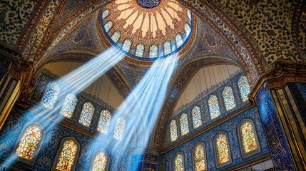 Majestic interior of a mosque with sunlight beams