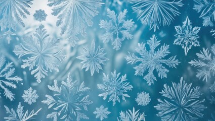 Patterns of snowflakes on a blue background. Winter, cold, and holiday theme. Cold weather and snow. The design of snow and winter frost.