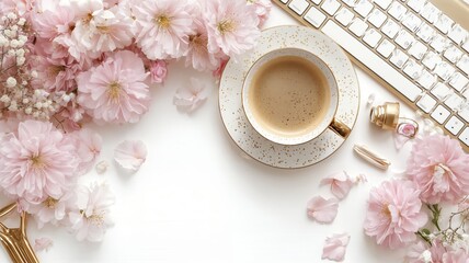 Una taza de café rodeada de flores de cerezo y un teclado, creando una escena de trabajo creativa y relajada.