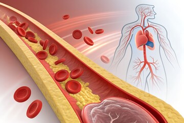 Artery blockage showing atherosclerosis and blood cells