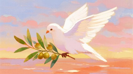 Obraz premium White Dove Holding Olive Branch Under Warm Morning Light, Symbolizing Peace and Hope