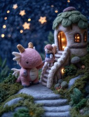 Una adorable criatura rosa se encuentra junto a una niña frente a una acogedora casa de cuento de hadas, iluminada por una luz cálida.