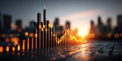 Abstract data visualization with glowing lines and bars, cityscape blurred in background, orange and blue tones