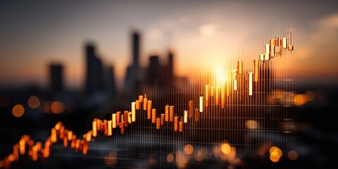 Financial chart overlaid on a cityscape at sunset. Urban skyline blurred in the background, with a rising financial graph in orange/gold tones superimposed