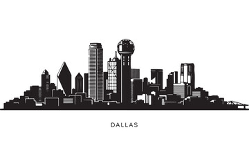 Naklejka premium Dallas skyline silhouette isolated on white background, showcasing the citys modern architecture and iconic landmarks in a clean black and white design