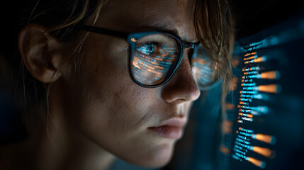 Female IT specialist learns to analyze code and datatechnology, cyber security impact of artificial inteligence augmented reality,side profile, copy space. I generation