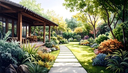 Obraz premium Walking Path Through Lush Garden Leading to House