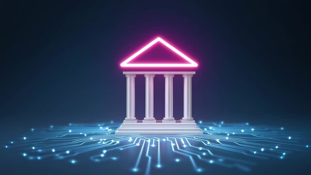 A futuristic virtual bank or online banking, symbolizing modern banking technology without branches or physical locations, operating entirely online.