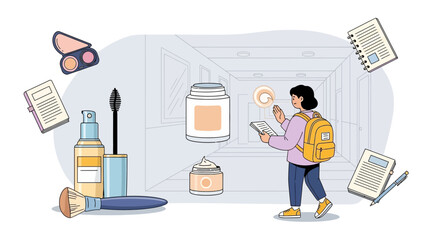 Conceptual illustration representing a student managing her beauty routine and academics